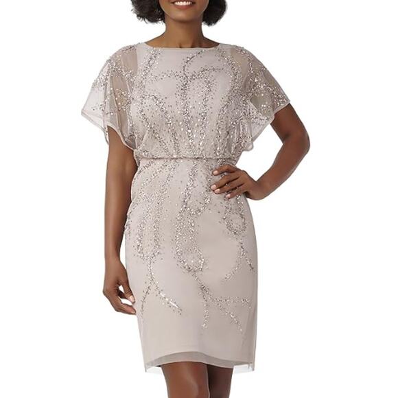 Adrianna Papell Women's Marble Flutter Sleeve Beaded Short Sheath Dress Size 8 - Picture 3 of 9